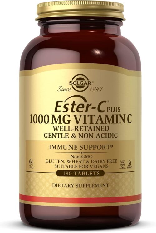 SOLGAR Ester-C Plus 1000 mg Vitamin C (Ascorbate Complex) – 180 Tablets – Gentle & Non Acidic – Supports Upper Respiratory Health – Non-GMO, Gluten Free – 180 Servings