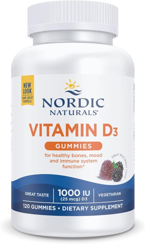 Nordic Naturals Vitamin D3 Gummies, Wild Berry – 120 Gummies – 1000 IU Vitamin D3, 1.4 mg Iron – Great Taste – Healthy Bones, Mood & Immune System Function – Non-GMO – 120 Servings