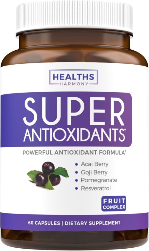 Super Antioxidants Supplement – Powerful Super Food Antioxidant Daily Blend – Acai Berry, Goji, Pomegranate & Trans Resveratrol – Herbal and Fruit Formula For Women and Men – Skin Care – 60 Capsules