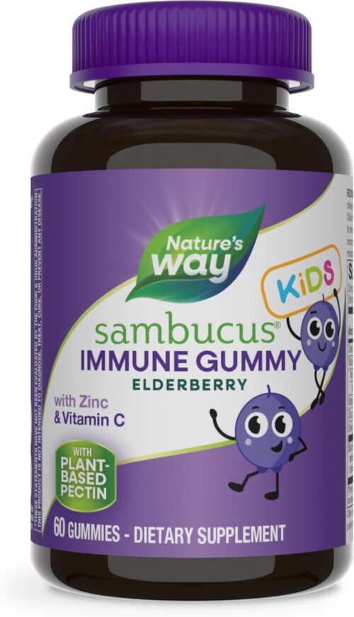 Nature’s Way Sambucus Elderberry Immune Gummies for Kids, Immune Support Gummies*, with Black Elderberry Extract, Vitamin C and Zinc, 60 Gummies (Packaging May Vary)