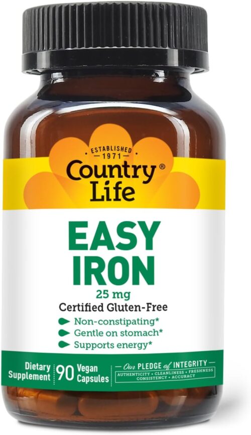 Country Life Easy Iron 25mg Capsules – Gentle Non-Constipating Ferrochel – Vegan Vitamin Supplement for Women & Men – Supports Body Energy – Multivitamin with Iron