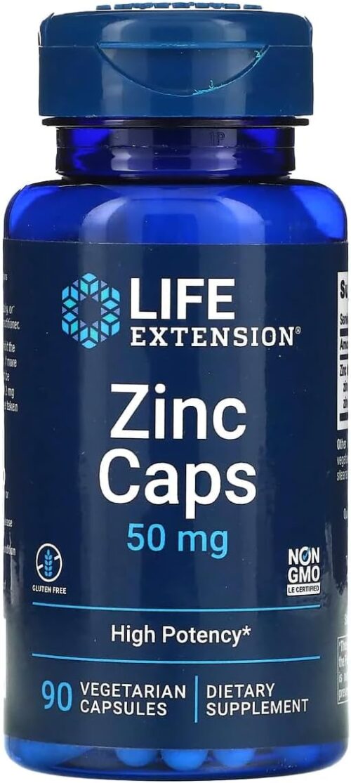 Life Extension Zinc Caps, zinc 50 mg, zinc citrate, Support the body’s immune defenses, ultra-absorbable, vegetarian, non-GMO, gluten-free, 90 vegetarian capsules, 90 Count (Pack of 1)