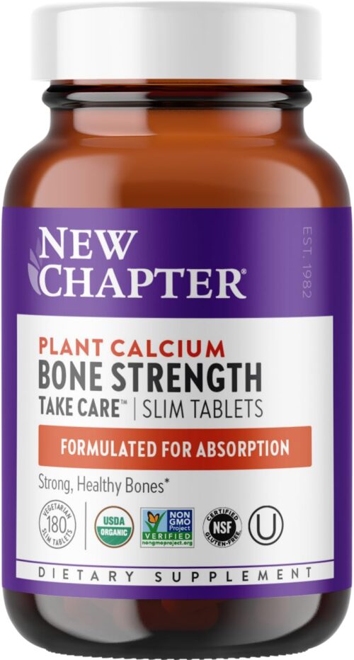 New Chapter Calcium Supplement – Bone Strength Organic Calcium with Magnesium, Vitamin D3+K2, 70+ Trace Minerals for Bone Health, Gluten Free, Easy to Swallow Slim Tablets – 180 Count