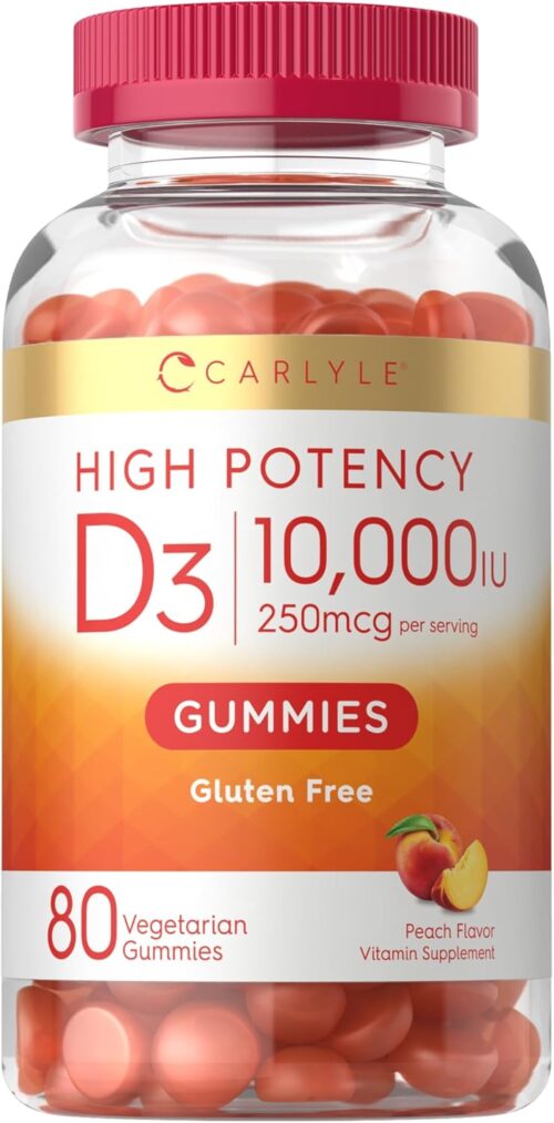 Vitamin D3 10000iu Gummies for Adults | 80 Count | Peach Flavored Gummy | High Potency for Women & Men | Vegetarian, Non-GMO, Gluten Free Supplement