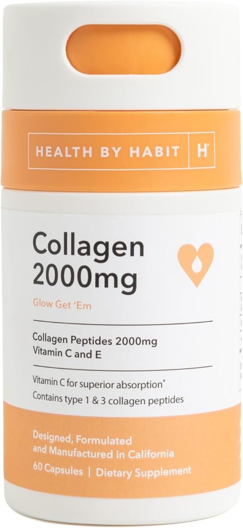 Health by Habit Collagen Supplement (60 Capsules) – Vitamin C & Vitamin E, 2000mg, Collagen Peptides, Superior Absorption, Support Your Skin, Non-GMO, Sugar Free (1 Pack)