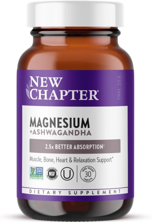 New Chapter Magnesium + Ashwagandha Supplement, 325 mg with Magnesium Glycinate, Calm & Relaxation, Muscle Recovery, Heart & Bone Health, 2.5x Absorption, Gluten Free, Non-GMO – 30 ct (1 Month Supply)