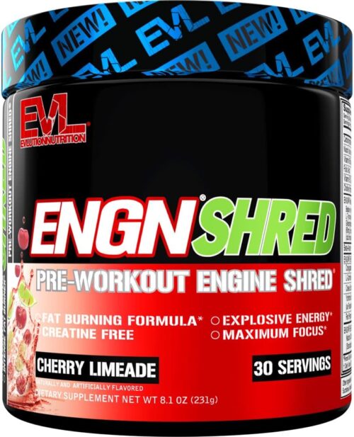 EVL Ultimate Pre Workout Powder – Thermogenic Fat Burner Preworkout Powder Drink for Lasting Energy Focus and Stamina – ENGN Shred Intense Fat Burning Creatine Free Preworkout Drink – Cherry Limeade