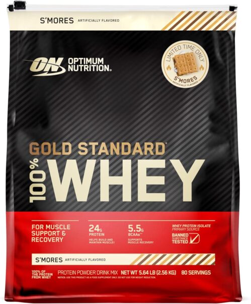 Optimum Nutrition 100% Gold Standard Whey Protein Powder – Protein Powder with a Blend of Hydrolyzed, Isolate & Whey – for Muscle Recovery – S’Mores, 5.64 lb (80 Servings)