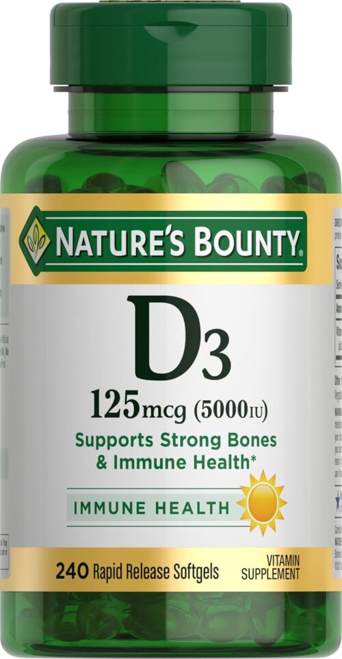 Nature’s Bounty Vitamin D3, Immune Support, 125 mcg (5000iu), Rapid Release Softgels, 240 Ct (package may differ)