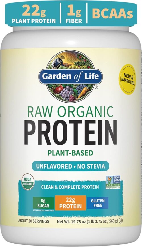 Organic Vegan Protein Powder, Unflavored Protein Powder, Garden of Life 22g Plant Based Protein & BCAAs, Organic Protein Powder with Probiotics & Enzymes, Non-GMO, Gluten-Free Lactose Free 1.2 LB