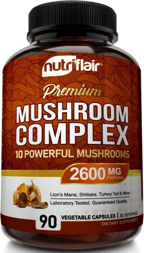 NutriFlair Mushroom Supplement 2600mg, 90 Capsules – 10 Mushrooms Blend – Reishi, Lions Mane, Cordyceps, Chaga, Turkey Tail, Maitake, Shiitake, Oyster Nootropic Complex – Brain, Energy, Focus Pills