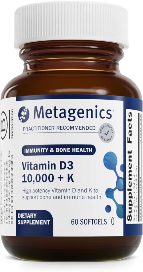 Metagenics Vitamin D3 + K – for Immune Support, Bone Health & Heart Health* – Vitamin D with MK-7 (Vitamin K2) – Non-GMO – Gluten-Free – 60 Softgels – 10,000 IU