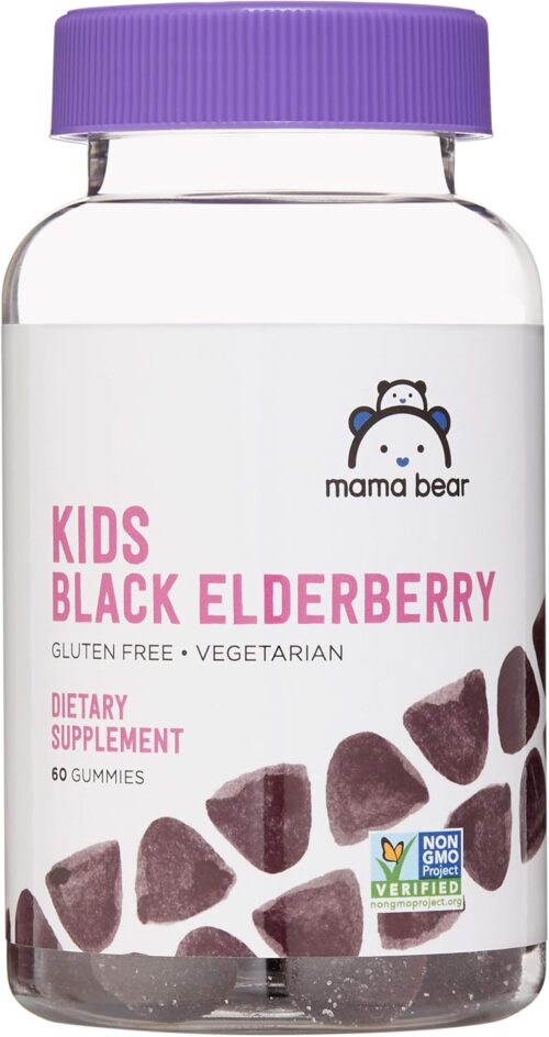 Amazon Brand – Mama Bear Vegetarian Kids Black Elderberry Gummies 300 mg with Vitamins C, D, E and Zinc, Immune System Support, 60 Count (1 to 2 Month Supply), Non-GMO, Gluten Free