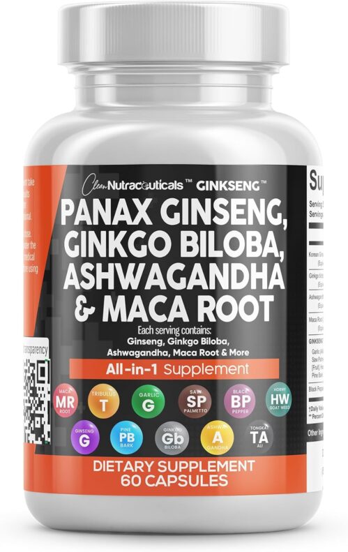 Clean Nutraceuticals Panax Ginseng Ginkgo Biloba Ashwagandha Maca Root – Focus Supplement Pills for Women and Men with Pine Bark Extract, Garlic, and Saw Palmetto – 60 Caps