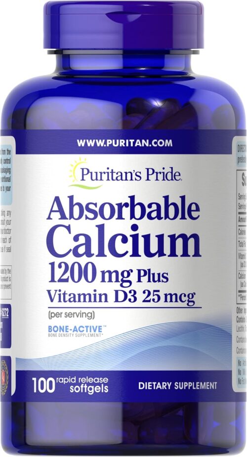 Puritan’s Pride Absorbable Calcium 1200 mg Plus Vitamin D3 25mcg 1000 IU With Bone-Active, Dietary Supplement for Bone Strength, Heart, Nerve, Muscle, And Immune Support, 100 Rapid Release Softgels