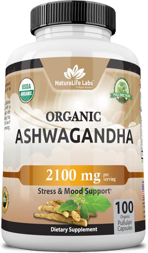 Organic Ashwagandha 2,100 mg – 100 Veggie Capsules Pure Organic Ashwagandha Powder and Root Extract – Stress Relief, Mood Enhancer