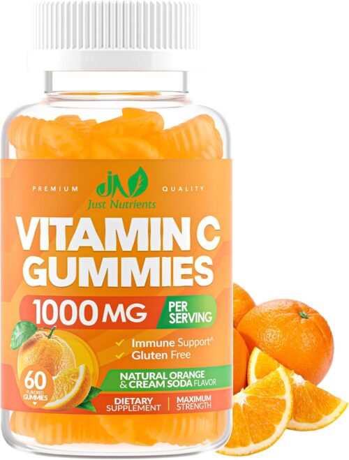Vitamin C Gummies 1000mg for Adults & Kids – Chewable Multivitamin with Zinc for Immune System & Collagen Support for Skin – Orange Flavor – Gluten Free, Non-GMO, Vegetarian – 60 Gummies