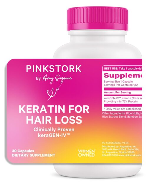 Pink Stork Keratin Hair Loss Supplement for Women – Clinically Studied KeraGEN-IV for Hair Care, Thinning, Shedding and Beauty – Hair Skin and Nails Support – Postpartum Hair Growth – 30 Capsules