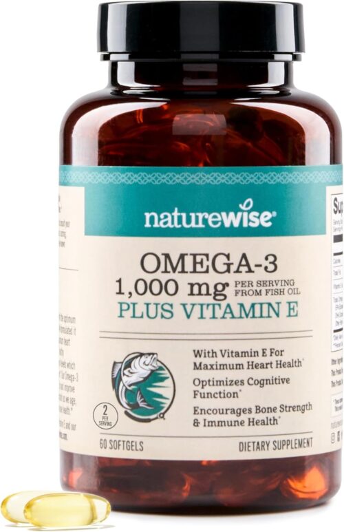 NatureWise Extra-Strength Omega 3 Fish Oil Supplement – 1000mg per Serving – 600 EPA & 400 DHA and Vitamin E – Support for Heart & Brain Health – Lemon Flavor, GMO-Free – 60 Softgels[1-Month Supply]