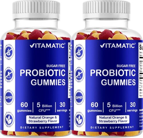 Vitamatic 2 Pack Sugar Free Probiotic Gummies for Men and Women 5 Billion CFUs – Digestive, Immune & Gut Health – Gluten Free
