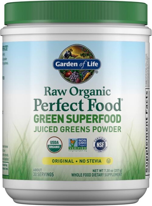Garden of Life Raw Organic Perfect Food Green Superfood Juiced Greens Powder – Original Stevia-Free, 30 Servings, Non-GMO, Gluten Free Whole Food Dietary Supplement, Alkalize, Detoxify, Energize