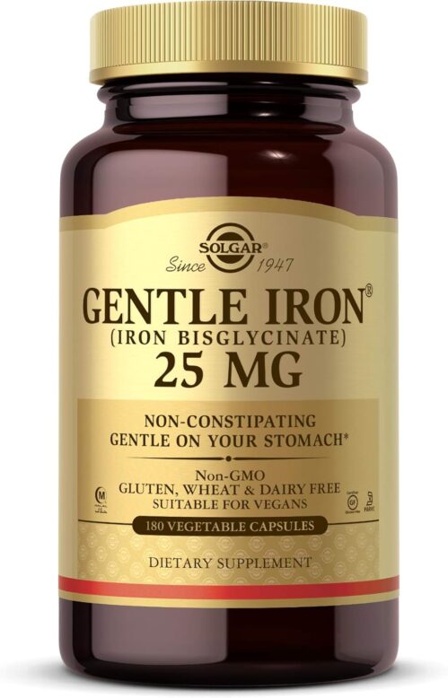 Solgar Gentle Iron – Ideal for Sensitive StomachsRed Blood Cell Supplement, , Non Constipating & GMO, Vegan, Gluten & Dairy Free, Kosher – 180 Servings, Unflavored, 180 Count