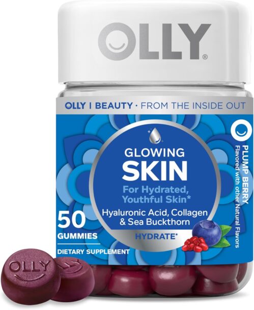 OLLY Glowing Skin Collagen Gummy, Hydrated, Youthful Skin, Hyaluronic Acid, Sea Buckthorn, Chewable Supplement, Berry, 25 Day Supply – 50 Count