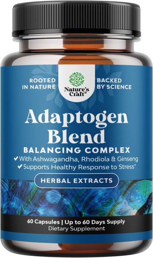 Herbal Adaptogen Mood Support Supplement – Calming Adaptogens Supplement for Stress & Cortisol Management with Ashwagandha Rhodiola Rosea & Maca Root – Vegan Non GMO & Daytime Friendly – 60ct