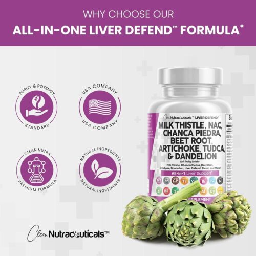 Clean Nutraceuticals Milk Thistle NAC Chanca Piedra Beet Root Artichoke Dandelion Root – Liver Cleanse Detox & Repair Supplement Plus TUDCA Choline & Ginger 60 Count