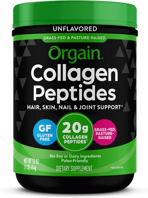 Orgain Hydrolyzed Collagen Peptides Powder For Women & Men, 20g Grass Fed Collagen, Unflavored – Hair, Skin, Nail, & Joint Support Supplement, Paleo & Keto, Non-GMO, Type I and III, 1lb