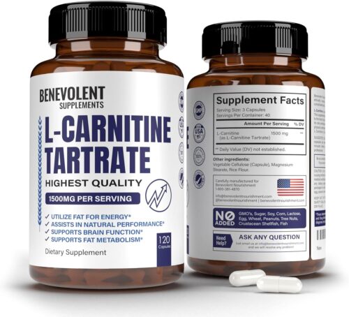Premium L-Carnitine Tartrate Supplement – 1500mg – Utilize Fat for Energy with Tartrate, Lean Muscle Gain, Boost Natural Energy, Support Metabolism & Fatigue – 120 Non-GMO Pure L Carnitine Capsules
