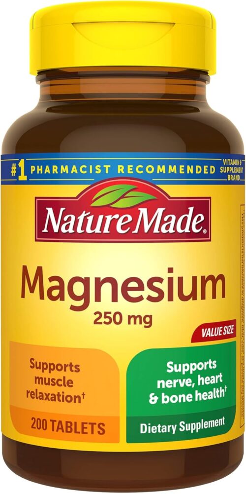 Nature Made Magnesium Oxide 250 mg, Magnesium Supplement for Muscle, Heart, Bone and Nerve Health Support, 200 Tablets, 200 Day Supply