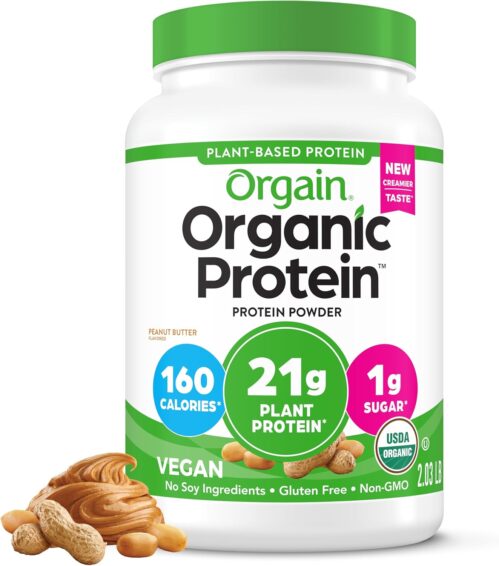 Orgain Organic Vegan Protein Powder, Peanut Butter – 21g Plant Protein, 7g Prebiotic Fiber, Low Net Carb, No Dairy Ingredients, No Added Sugar, For Shakes & Smoothies, 2.03 lb (Packaging May Vary)