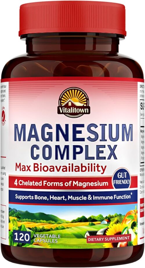 Vitalitown Magnesium Complex Supplement 500mg – Maximized Absorption Chelated Magnesium Glycinate, Malate, Taurate & Citrate – Vegan Non-GMO Magnesium 120 Capsules for Sleep, Muscle, Energy & Heart
