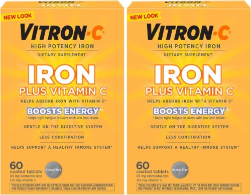 Vitron-C Iron Supplement, Once Daily, High Potency Iron Plus Vitamin C, Support Red Blood Cell Production, Dye Free Tablets, 60 Count, 2 Pack