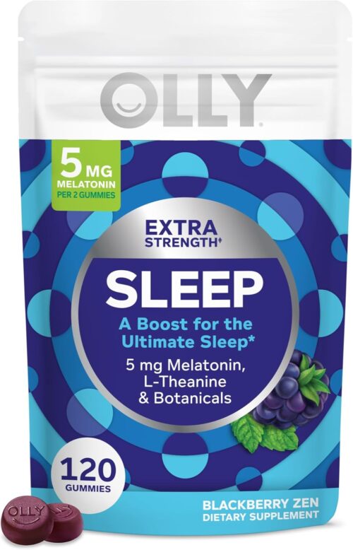 OLLY Extra Strength Sleep Gummy, 5 mg Melatonin, L-Theanine, Chamomile, Lemon Balm Extracts, Sleep Aid, BlackBerry Flavor – 120 Count
