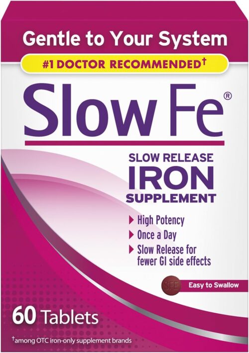 Slow Fe 45mg Iron Supplement for Iron Deficiency, Slow Release, High Potency, Easy to Swallow Tablets – 60 Count