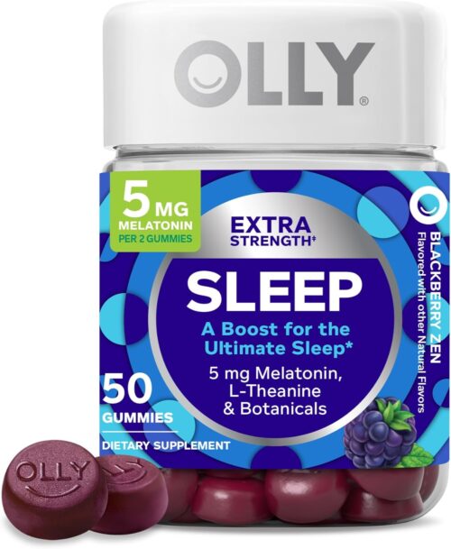 OLLY Extra Strength Sleep Gummy, 5 mg Melatonin, L-Theanine, Chamomile, Lemon Balm, Sleep Aid, BlackBerry – 50 Count