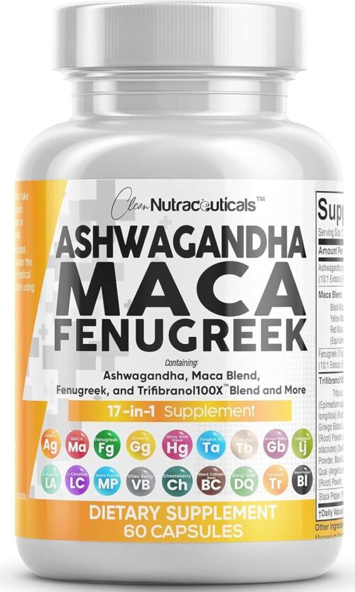 Clean Nutraceuticals Ashwagandha Maca Root Fenugreek Supplement with Tongkat Ali Ginseng – Assists with Stress, Mood & Thyroid – Ashwagandha Capsules Fenugreek Caps – 1 Pack