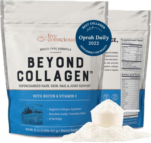 Live Conscious Beyond Collagen Multi Collagen Powder for Women w/Types I, II, III, V & X – Keto Friendly, Hydrolyzed Collagen Peptides Powder Blend w/Biotin & Vitamin C 41 Servings