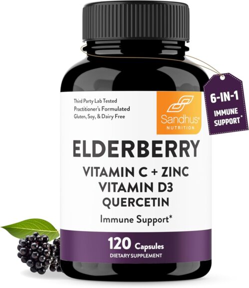 Elderberry Vitamin C and Zinc 120 Capsules | with Quercetin and Vitamin D3 | Immune Support for Adults | Herbal Supplement for Men and Women | 2 Months Supply | Natural Immunity Booster