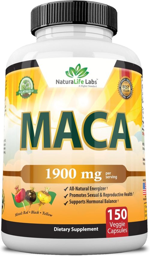 Organic Maca Root Black, Red, Yellow 1900 MG per Serving – 150 Vegan Capsules Peruvian Maca Root Gelatinized 100% Pure Non-GMO Supports Reproductive Health Natural Energizer