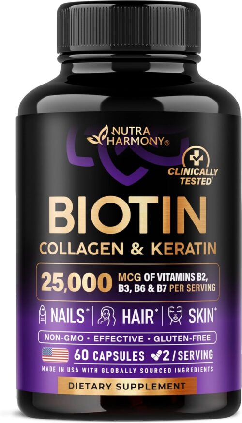 Biotin | Collagen | Keratin – Clinically Tested Supplement – Hair Growth Support, Skin & Nails – 25000 mcg Vitamins B2, B3, B6 & B7 + B1 & Hyaluronic Acid – Made in USA – Women & Men | 60 Capsules