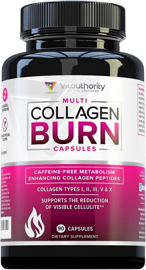 Multi Collagen Burn: Multi-Type Hydrolyzed Protein Peptides with Hyaluronic Acid, Vitamin C, SOD B Dimpless, Types I, II, III, V and X, Caffeine-Free (Unflavored Capsules)
