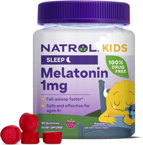 Natrol Kids Melatonin Gummies 1mg, Children’s Melatonin for Restful Sleep, 90 Raspberry-Flavored Sleep Gummies, 90 Day Supply