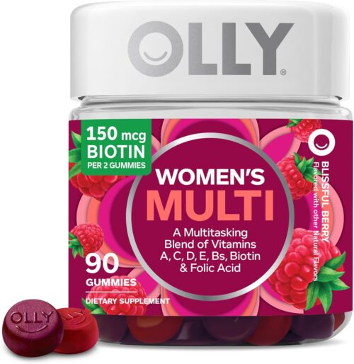 OLLY Women’s Multivitamin Gummy, Vitamins A, D, C, E, Biotin, Folic Acid, Adult Chewable Vitamin, Berry Flavor, 45 Day Supply – 90 Count