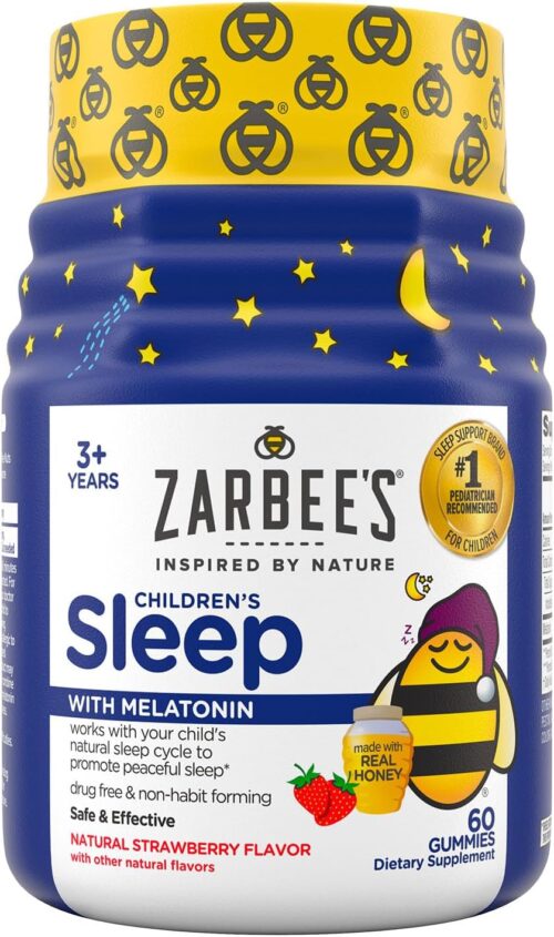 Zarbee’s Children’s Sleep Gummies with Melatonin, Non-Habit Forming Children’s Sleep Gummies Work with Natural Sleep Cycles to Promote Peaceful Sleep, Drug-Free, Natural Strawberry, 60 ct
