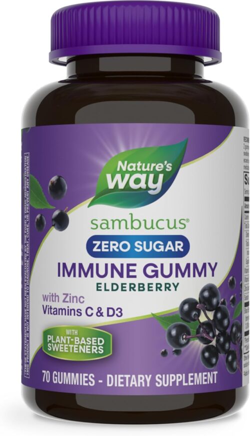Nature’s Way Sambucus Zero Sugar Immune Gummies, Daily Immune Support*, Black Elderberry Extract, Vitamin C, Vitamin D3, Zinc, Sugar Free, Sugar Alcohol Free, Plant-Based Sweeteners, 70 Gummies