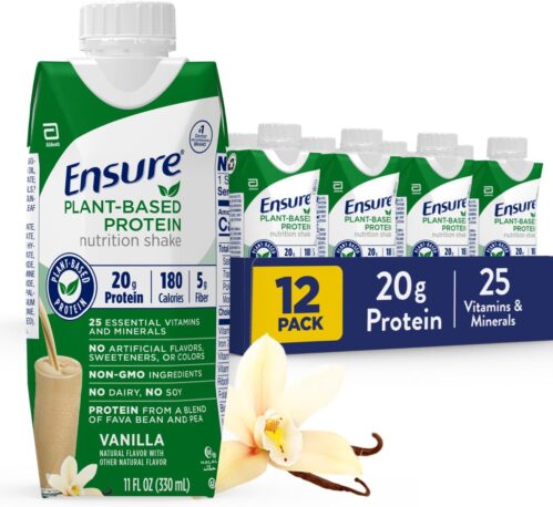 Ensure 100% Plant-Based Vegan Protein Nutrition Shakes with 20g Fava Bean and Pea Protein, Vanilla, 11 fl oz,(Pack of 12)