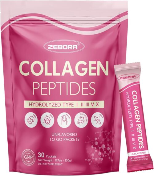 ZEBORA Collagen Peptides Powder Packets with Hyaluronic Acid, Biotin, MCT – Multi Hydrolyzed Collagen with 5 Billion Probiotics – Support Skin Hair Nail Joints & Gut Health – 30 Stick Packs
